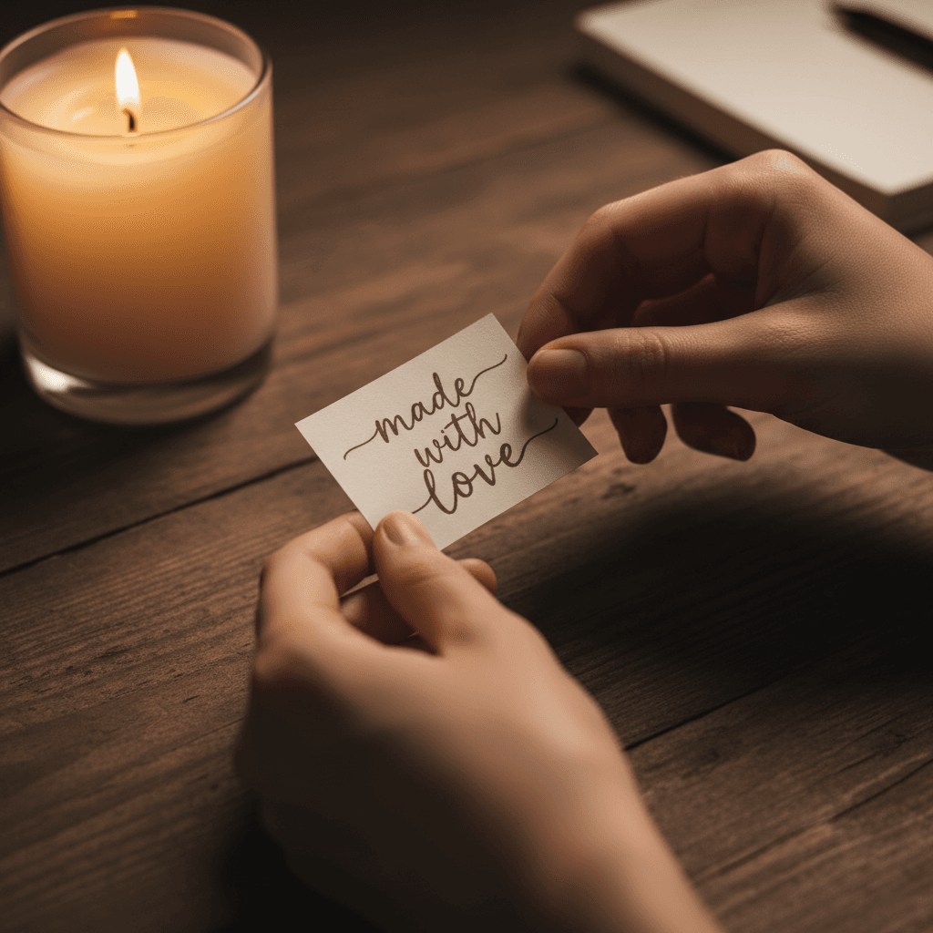 Hands peeling a matte sticker with handwritten text by candlelight