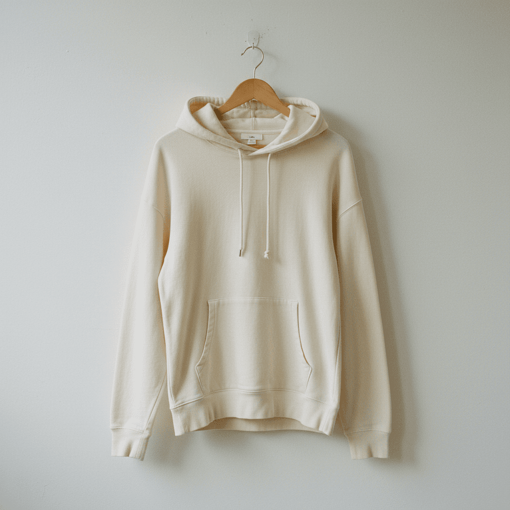 Hoodie hanging on a wooden hanger against a white wall