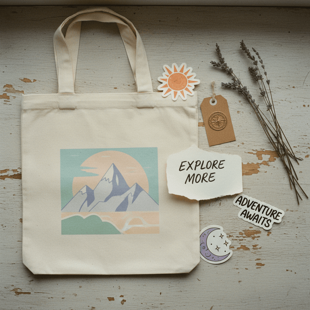 Flat lay of tote bag, stickers, pin, and handwritten note on light wood surface