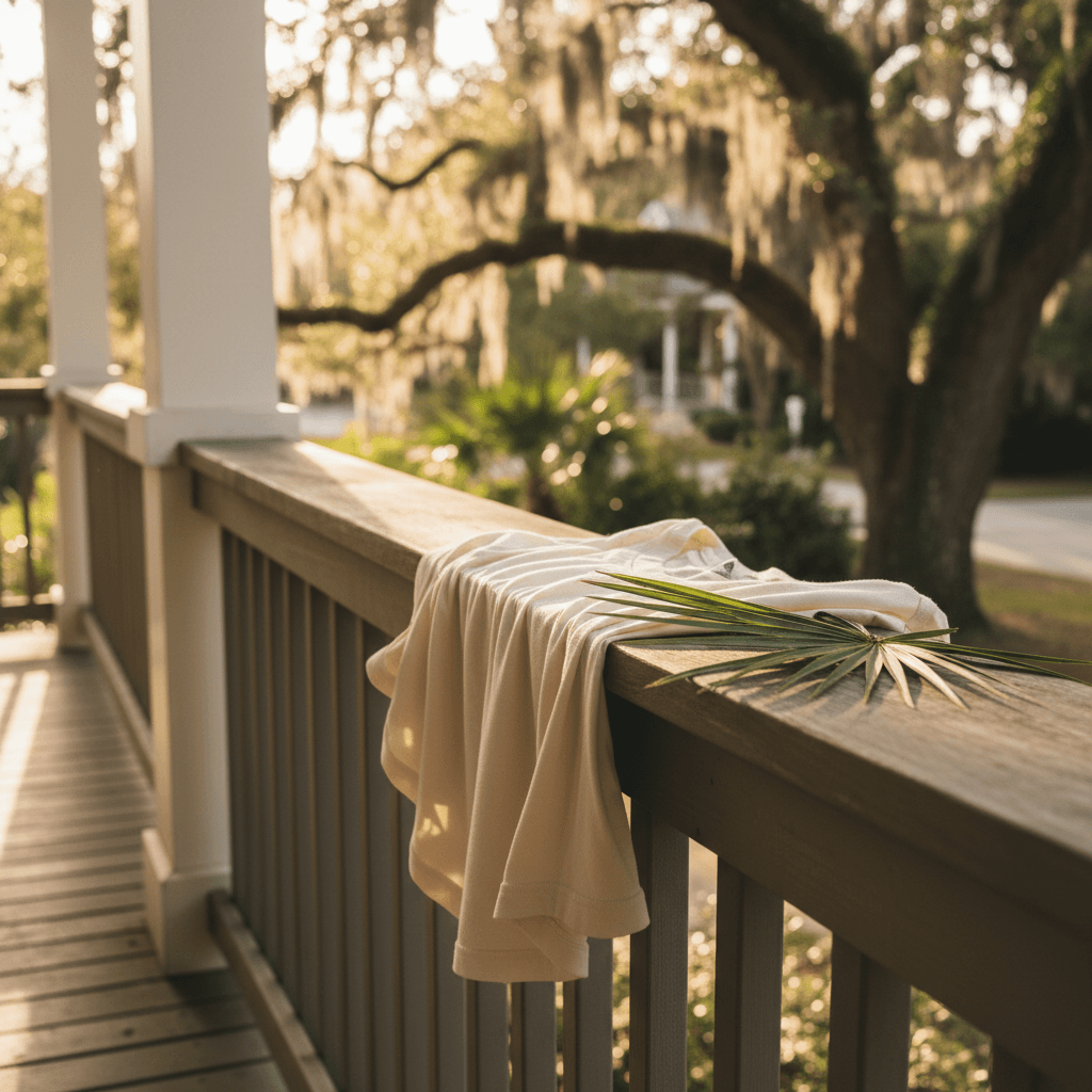 Soft cotton t-shirt on a wooden porch railing in Bluffton
