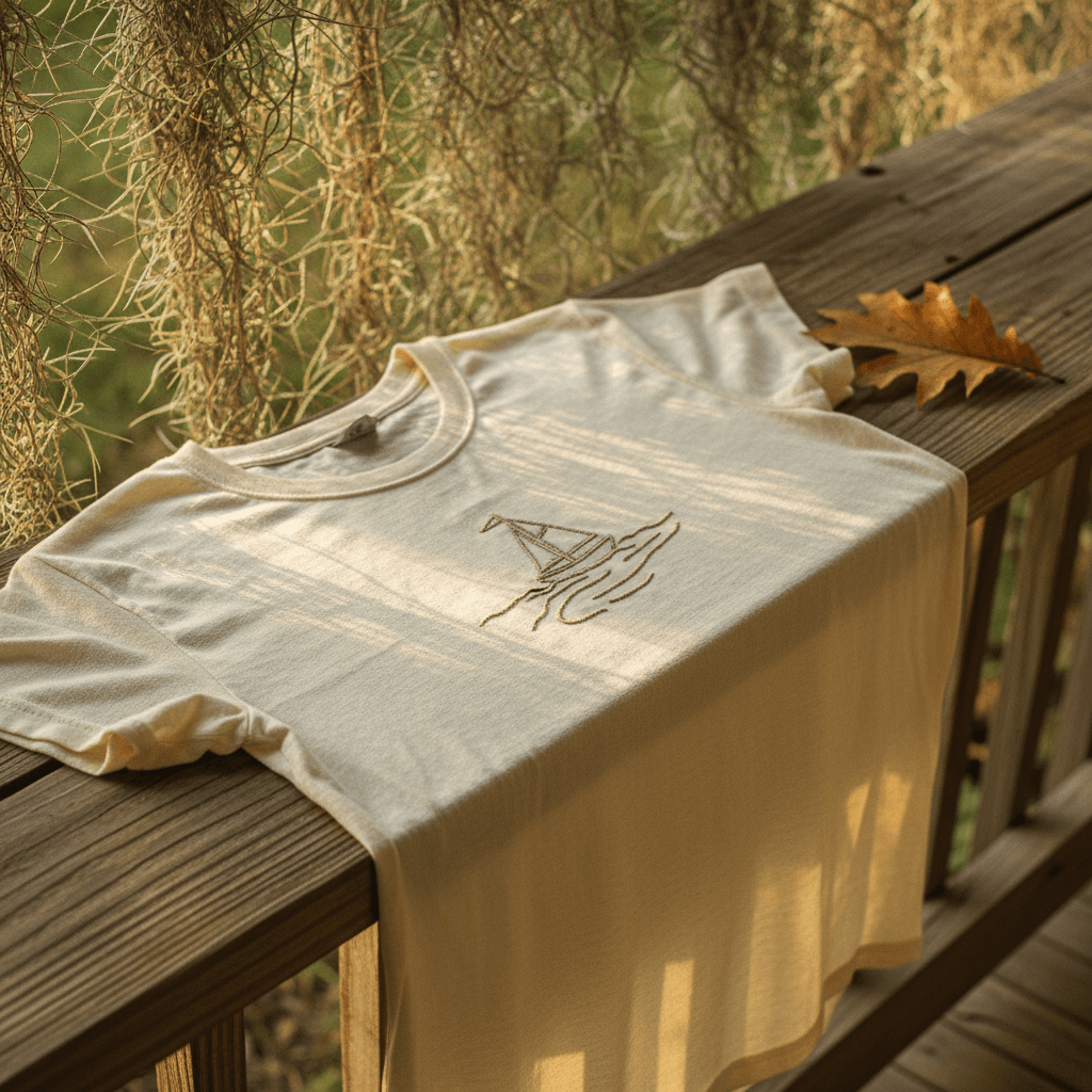 Cream t-shirt with small boat design on weathered porch railing in Bluffton