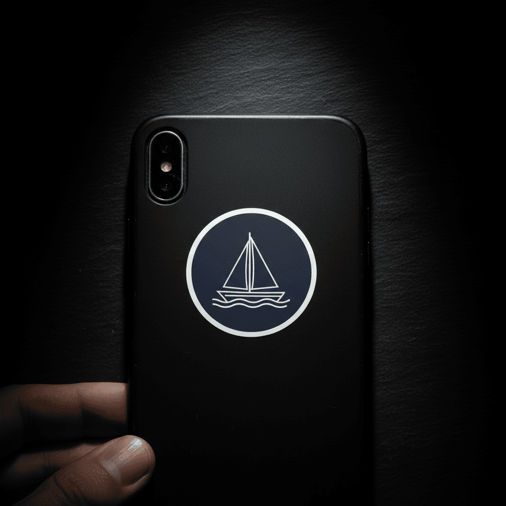 Phone case with a minimalist sailboat sticker in dramatic spotlight lighting